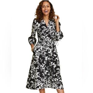Talbots Shirt Dress Women 14 Butterfly Black White Midi Office Brunch Cottage